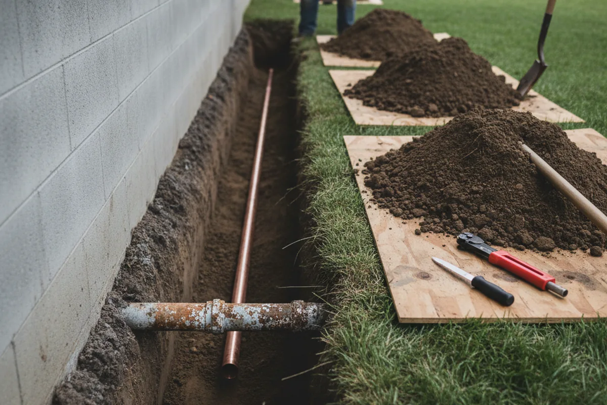 Excavated water line trench during Water Heater Repair in Westford